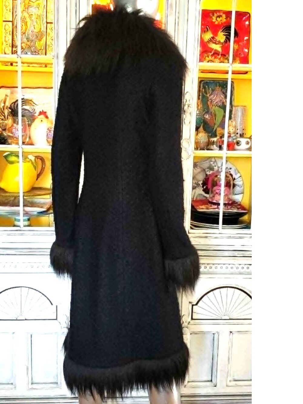Vintage Betsey Johnson New York 90s Black Faux Fur Long Midi Duster Coat Jacket - Picture 9 of 16